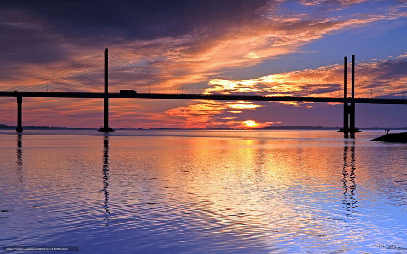 Sunset over Suspension Bridge — Orange, Dramatic, Photograph