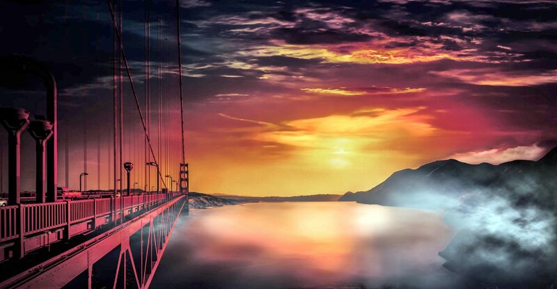 Sunset over Suspension Bridge — Orange, Dramatic