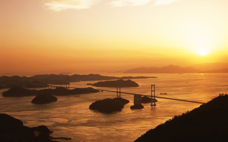 Sunset over Suspension Bridge — Orange, Serene, Photograph