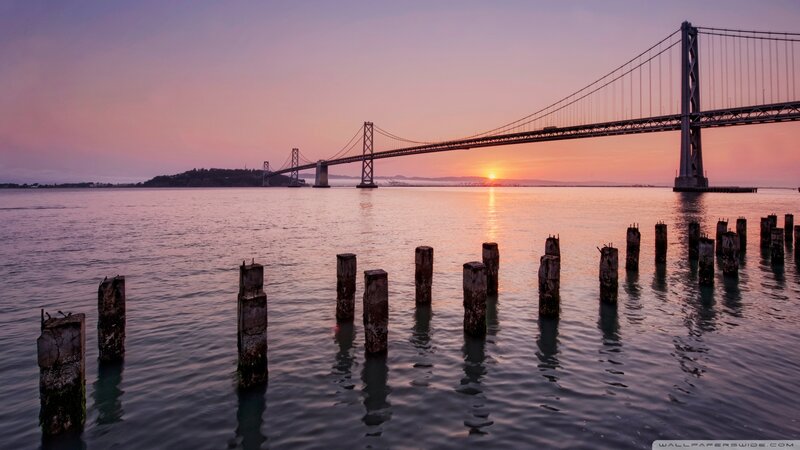 Sunset over Suspension Bridge — Purple, Serene