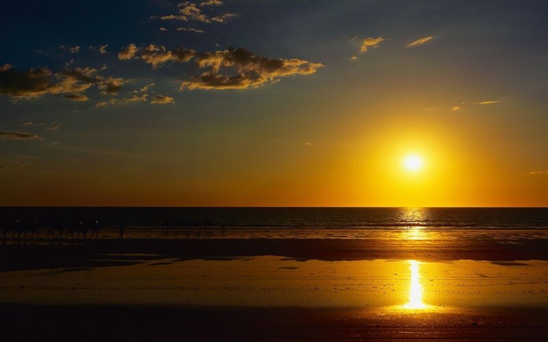 Sunset over the beach with camels