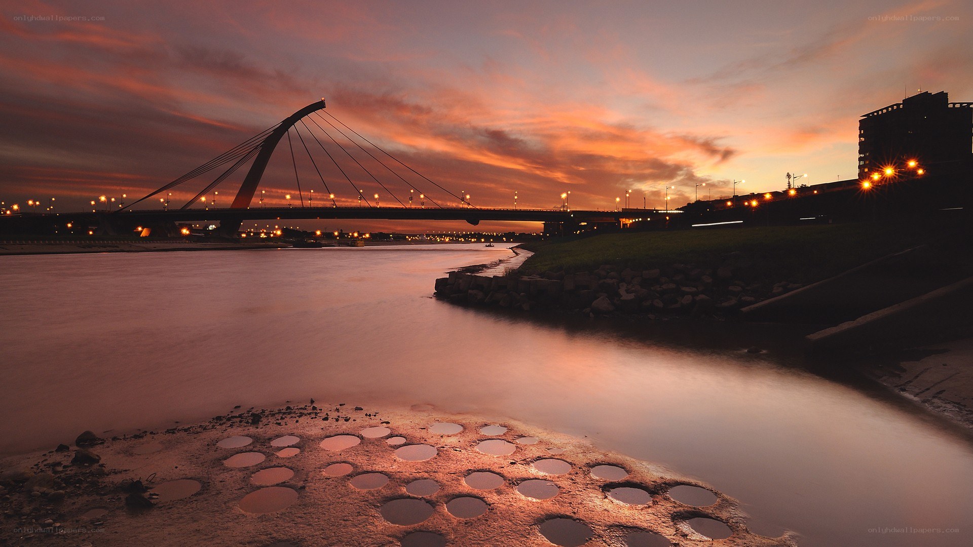 sunset over the cable-stayed bridge