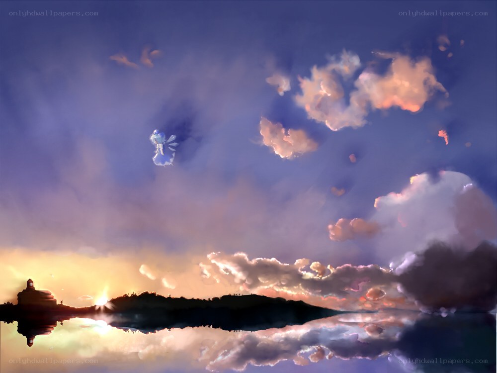 sunset over the lake with a flying figure