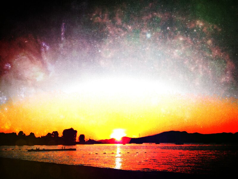 sunset over the lake with stars