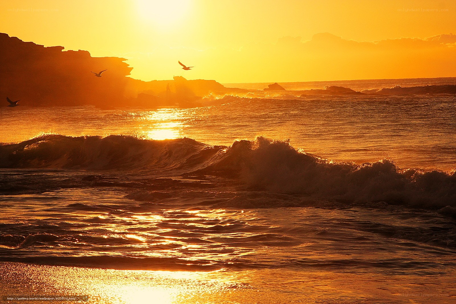 Sunset over the ocean waves