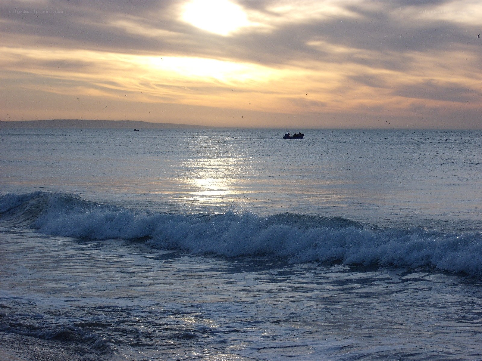 Sunset over the ocean with boats