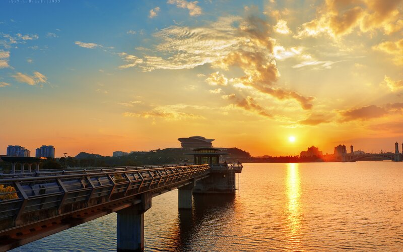 Sunset over the river bridge