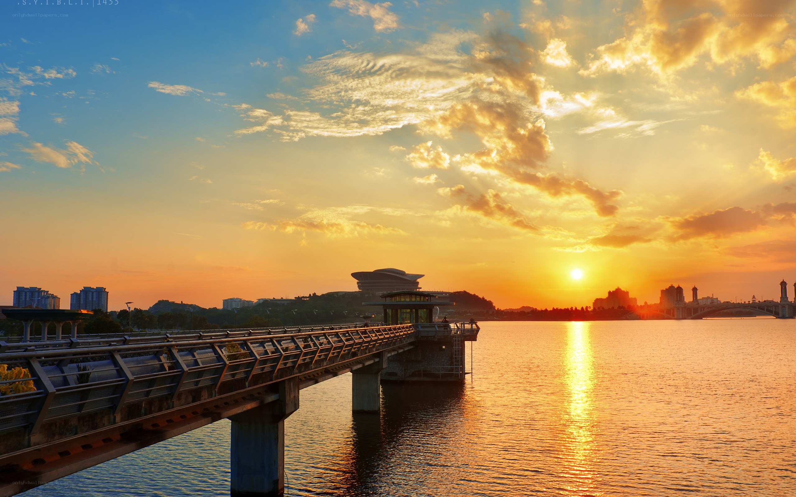 Sunset over the river bridge