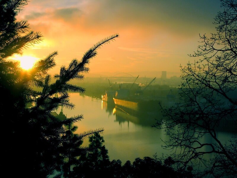 Sunset over the river port