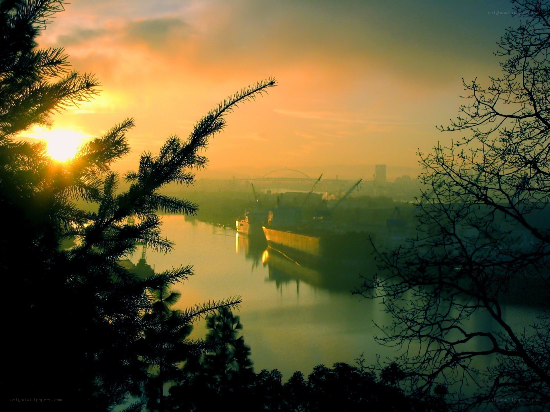 Sunset over the river port