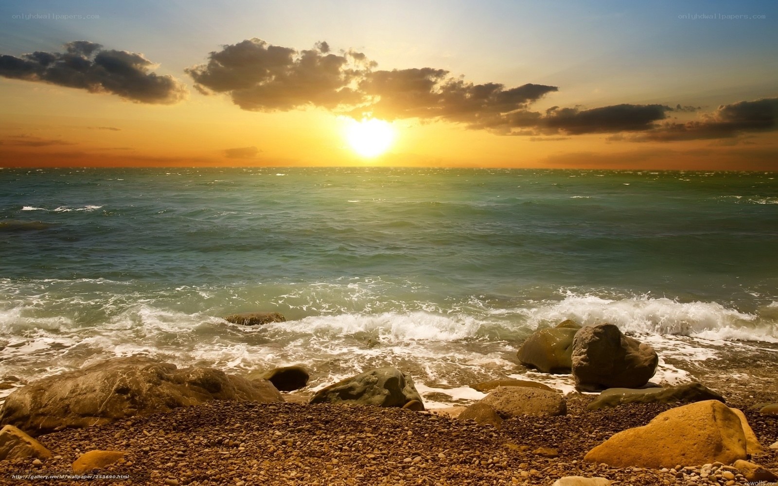 Sunset over the rocky shore