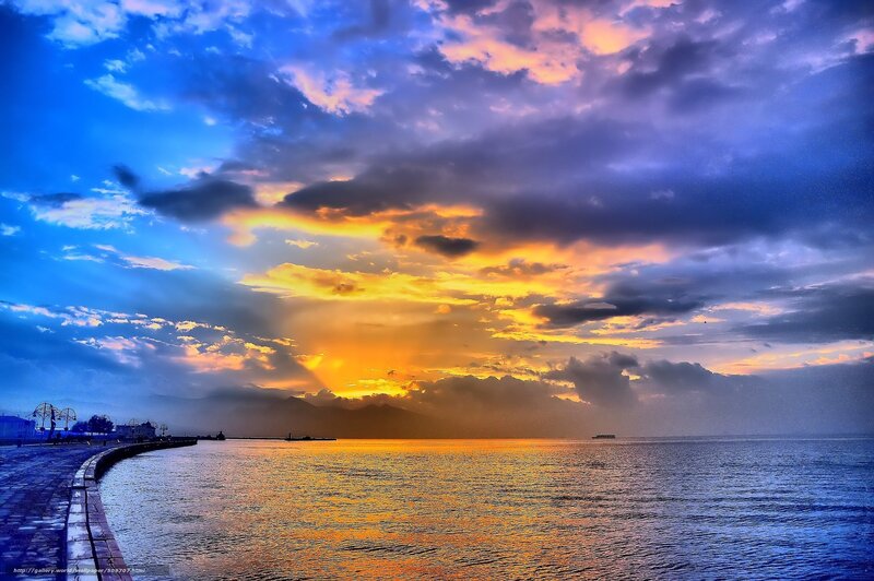 Sunset over the Sea — Blue, Dramatic, Photograph, Clouds, Pier