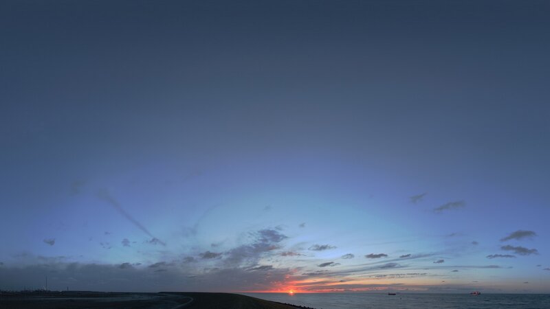 Sunset over the Sea — Blue, Serene, Photograph, Sun, Clouds, Ship