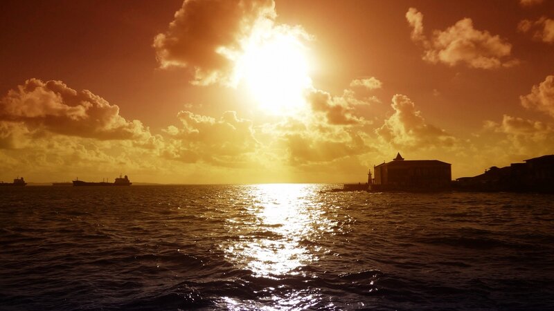 Sunset over the Sea — Orange, Dramatic, Photograph, Ships