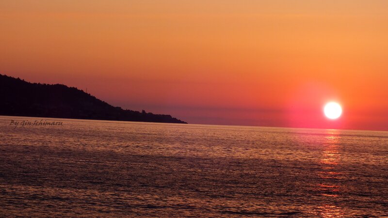 Sunset over the Sea — Orange, Serene, Photograph, Sun, Hill
