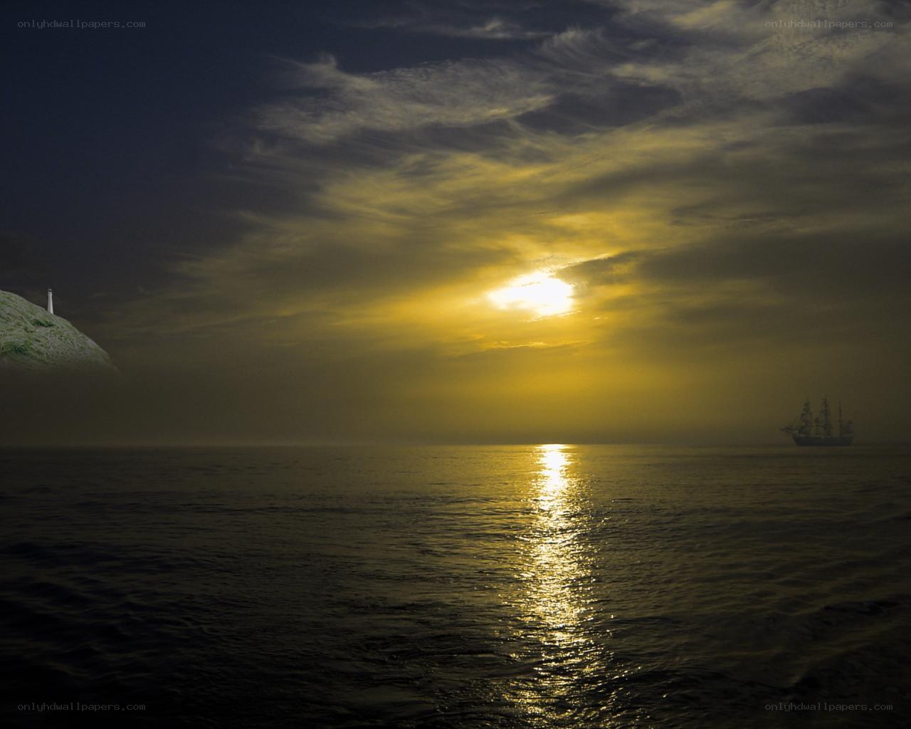Sunset over the sea with ship