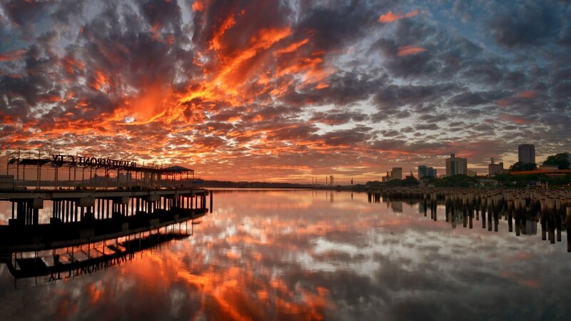 sunset over the waterfront
