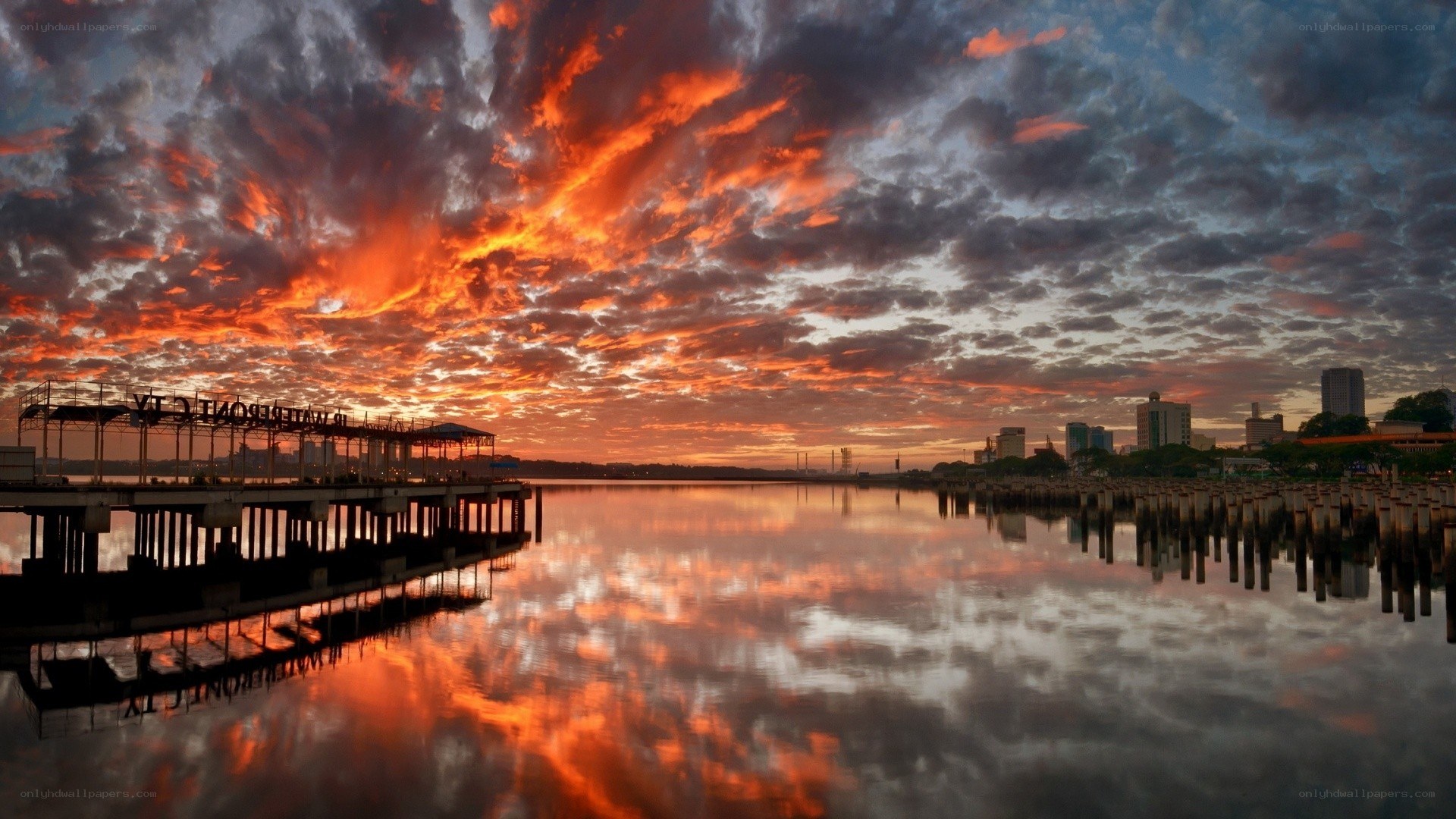 sunset over the waterfront