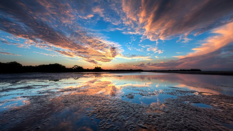 Sunset over Tidal Flats — Blue, Dramatic, Photograph, Clouds, Sky