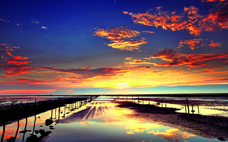Sunset over Tidal Flats — Blue, Dramatic, Photograph, Clouds, Water