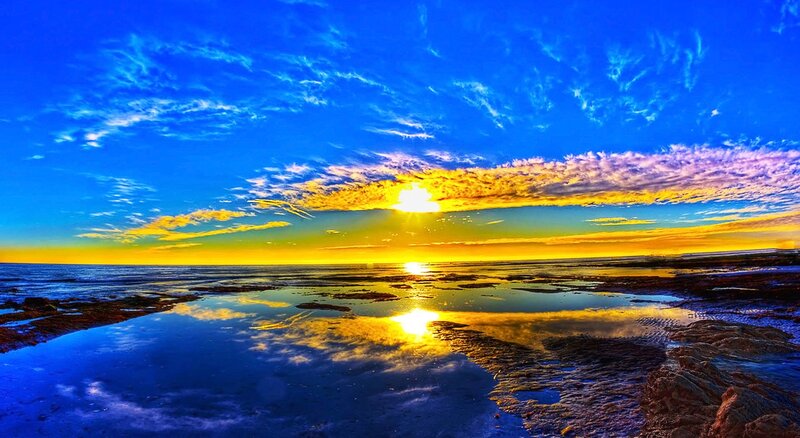 Sunset over Tidal Flats — Blue, Dramatic, Photograph, Sun, Clouds