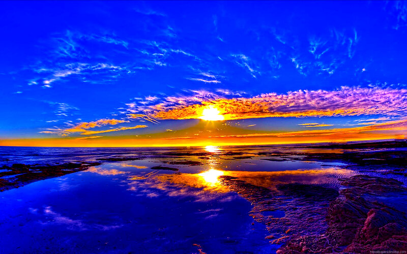Sunset over Tidal Flats — Blue, Dramatic, Photograph, Sun