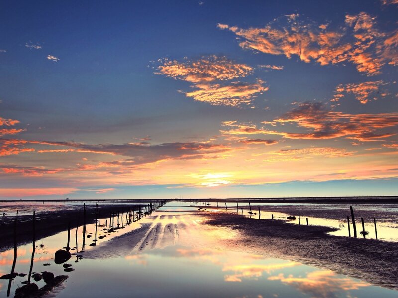 Sunset over Tidal Flats — Blue, Serene, Photograph, Clouds