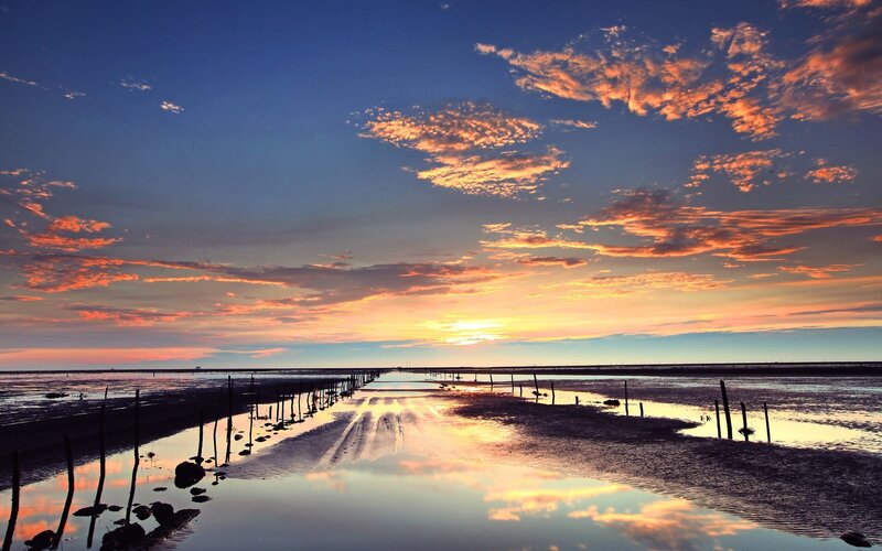 Sunset over Tidal Flats — Blue, Serene, Photograph, Clouds, Water