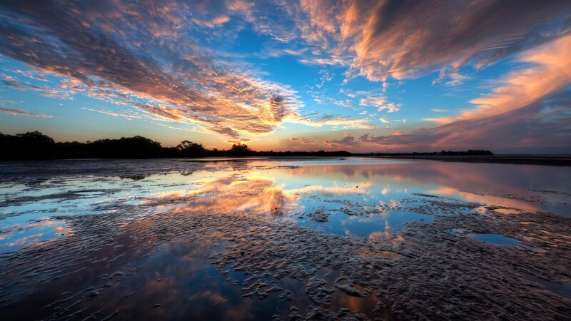 Sunset over Tidal Flats — Blue, Serene, Photograph, Sky