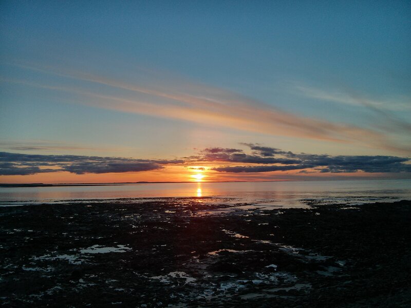 Sunset over Tidal Flats — Blue, Serene, Photograph, Sun, Clouds