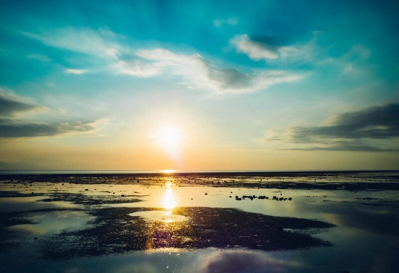 Sunset over Tidal Flats — Blue, Serene, Photograph, Sun, Clouds, Water