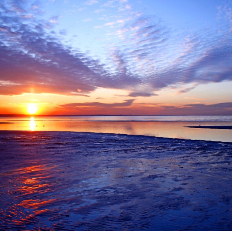 Sunset over Tidal Flats — Blue, Serene, Photograph, Sun