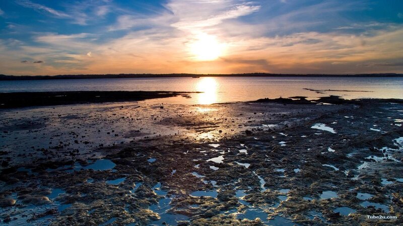 Sunset over Tidal Flats — Blue, Serene, Photograph, Sun, Water, Sky, Rocks, Orange