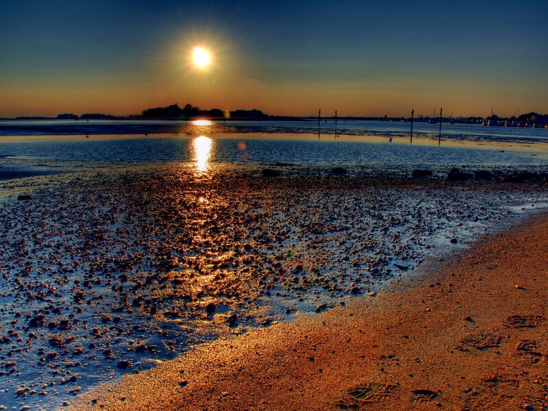 Sunset over Tidal Flats — Blue, Serene, Photograph