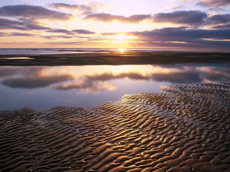 Sunset over Tidal Flats — Gold, Serene, Photograph, Ocean, Clouds, Sand