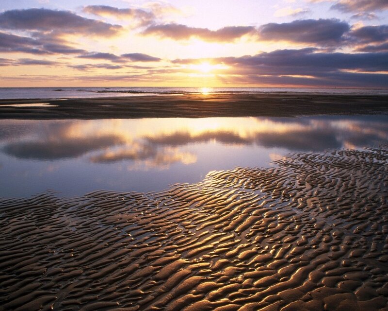 Sunset over Tidal Flats — Gold, Serene, Photograph, Ocean, Clouds