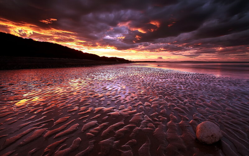 Sunset over Tidal Flats — Orange, Dramatic, Photograph, Clouds