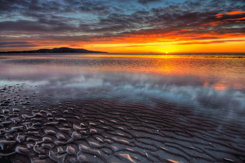 Sunset over Tidal Flats — Orange, Dramatic, Photograph, Sky
