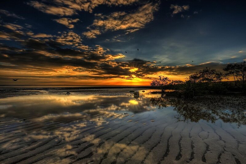 Sunset over Tidal Flats — Orange, Dramatic, Photograph