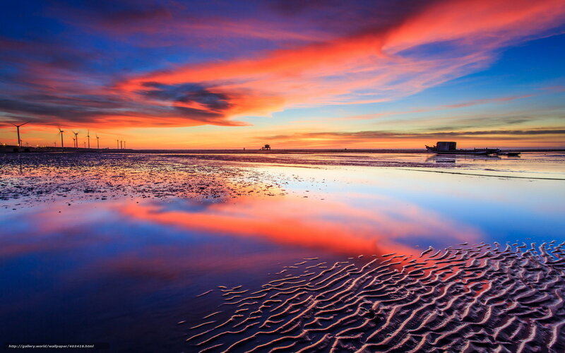 Sunset over Tidal Flats — Orange, Dramatic, Photograph, Wind Turbines, Boat