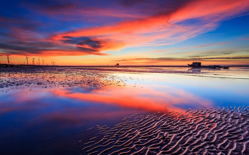 Sunset over Tidal Flats — Orange, Dramatic, Photograph, Wind Turbines