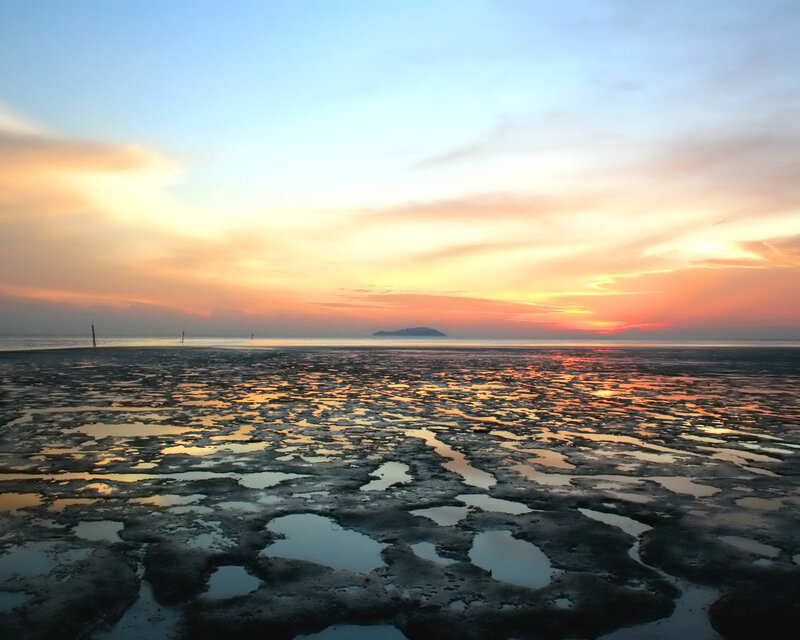 Sunset over Tidal Flats — Orange, Serene, Photograph, Sky, Island
