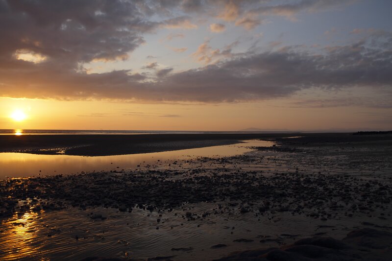 Sunset over Tidal Flats — Orange, Serene, Photograph, Sun, Clouds, Beach