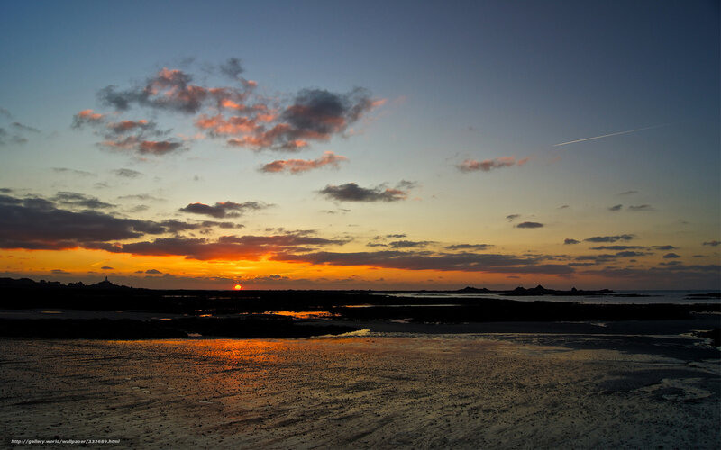 Sunset over Tidal Flats — Orange, Serene, Photograph, Sun, Clouds