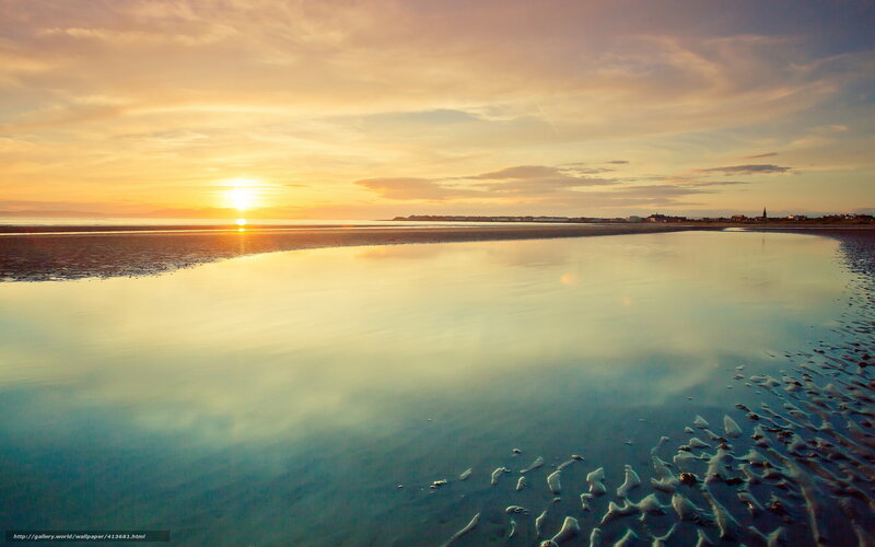 Sunset over Tidal Flats — Orange, Serene, Photograph, Sun, Sky, Beach