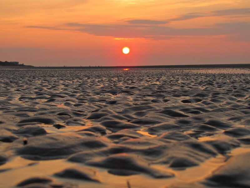 Sunset over Tidal Flats — Orange, Serene, Photograph, Sun