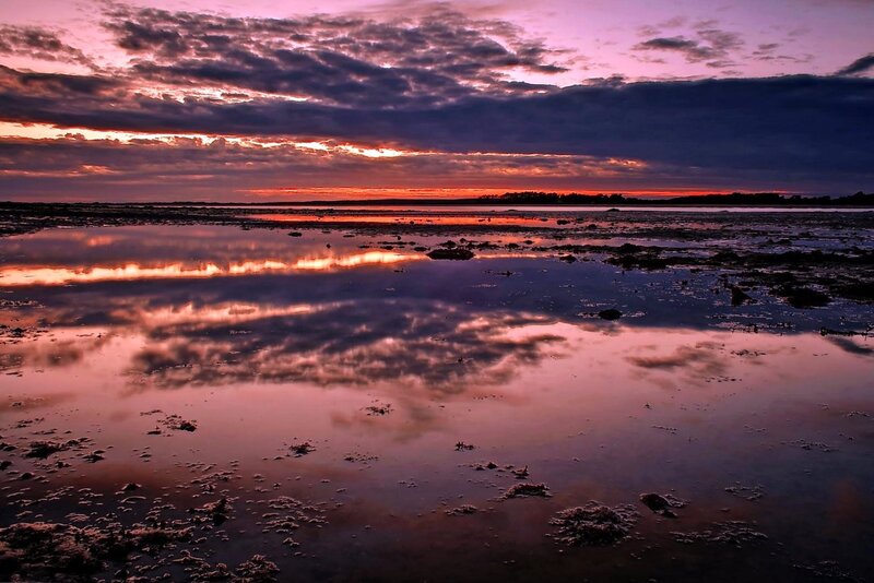 Sunset over Tidal Flats — Purple, Dramatic, Photograph, Clouds