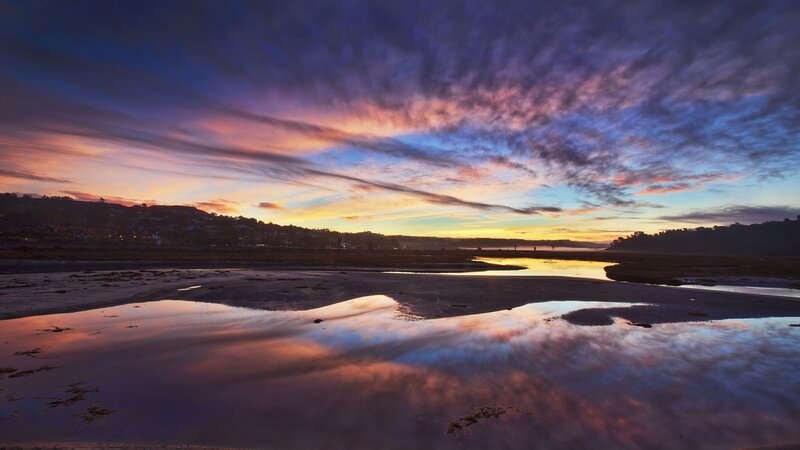 Sunset over Tidal Flats — Purple, Dramatic, Photograph, Sky