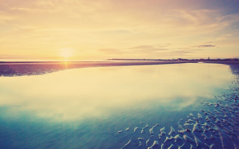 Sunset over Tidal Flats — Yellow, Serene, Photograph