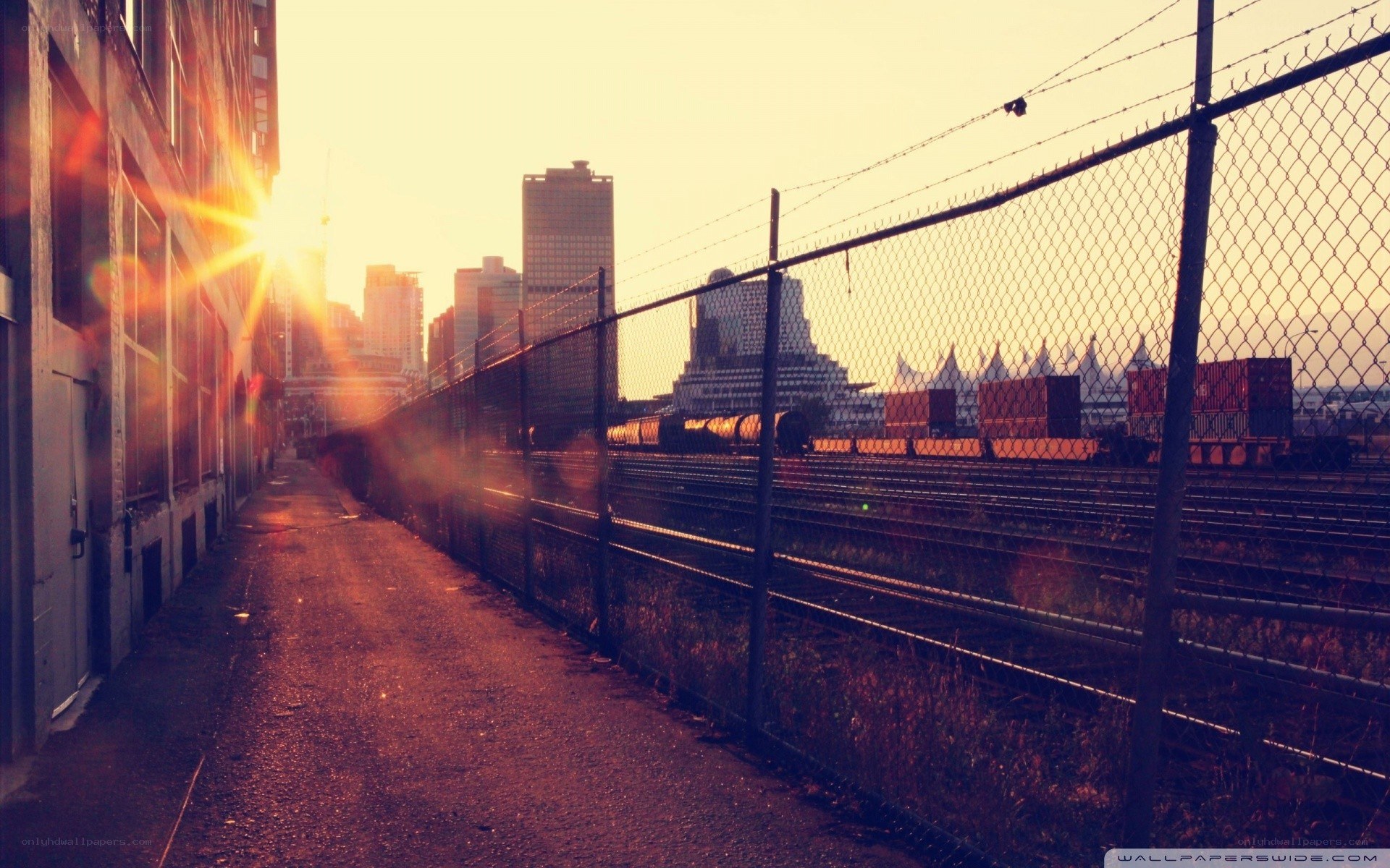 Sunset over train yard